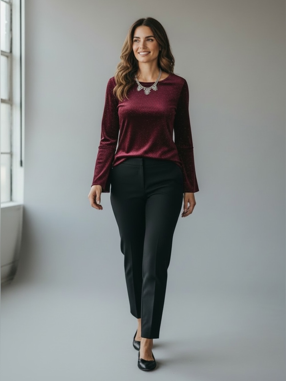 Tribal Burgundy Velvet Scoop Neck Bell Sleeve Stretchy Top Medium